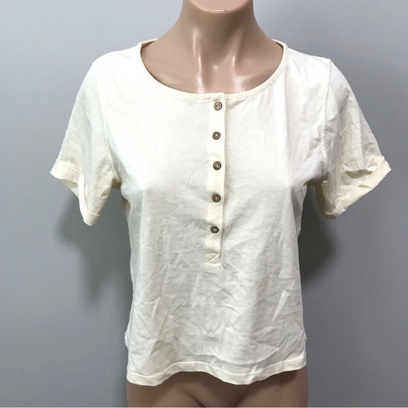 Free People What’s Up Henley Ivory Cream Short Sleeve T-shirt Small Button Front - Picture 2 of 8